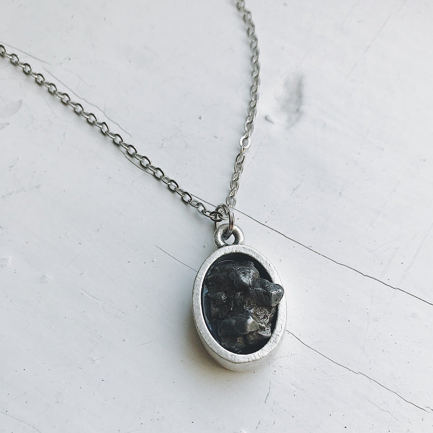 🌠 Oval Raw Meteorite Pendant Necklace — Campo del Cielo in Matte Brushed Silver