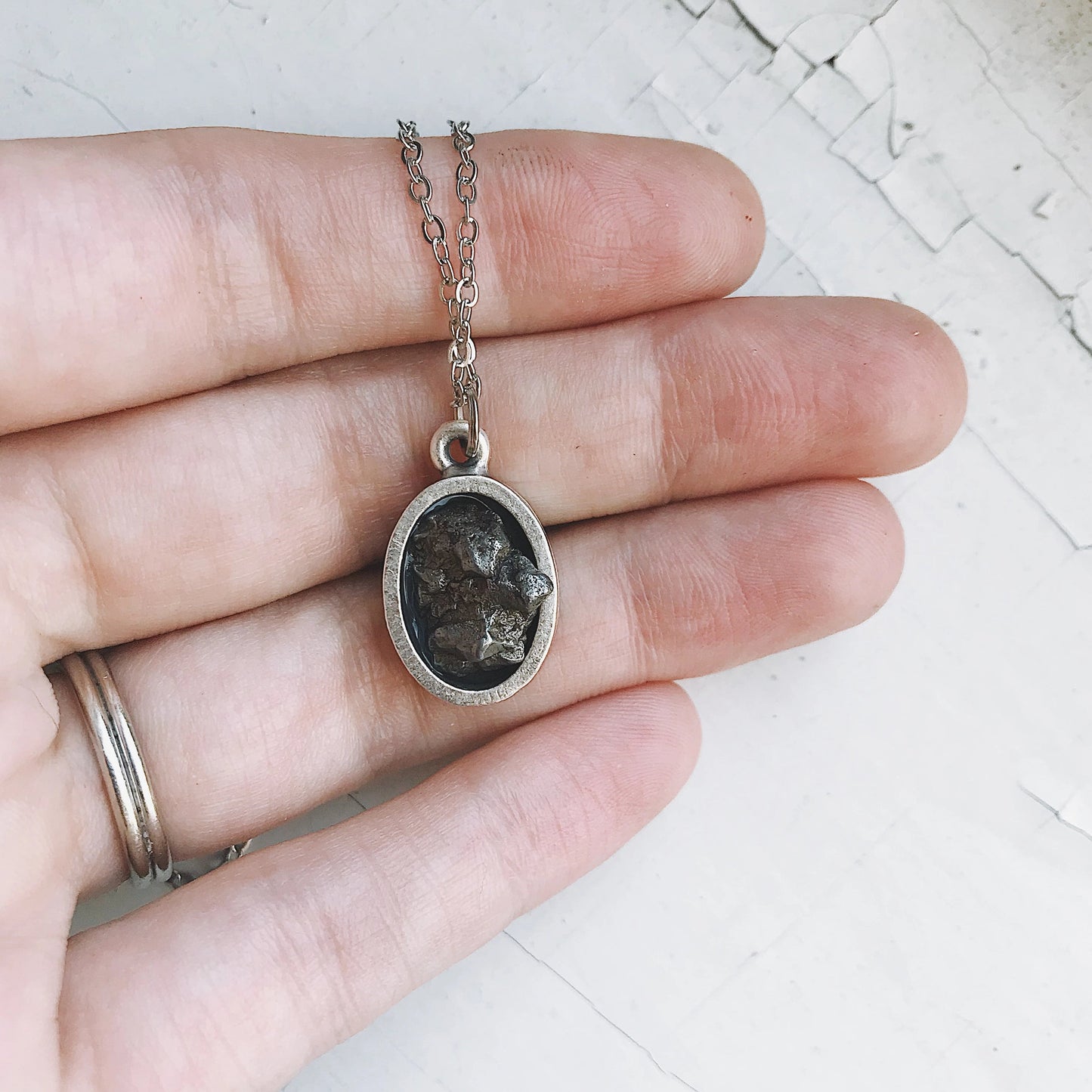 🌠 Oval Raw Meteorite Pendant Necklace — Campo del Cielo in Matte Brushed Silver