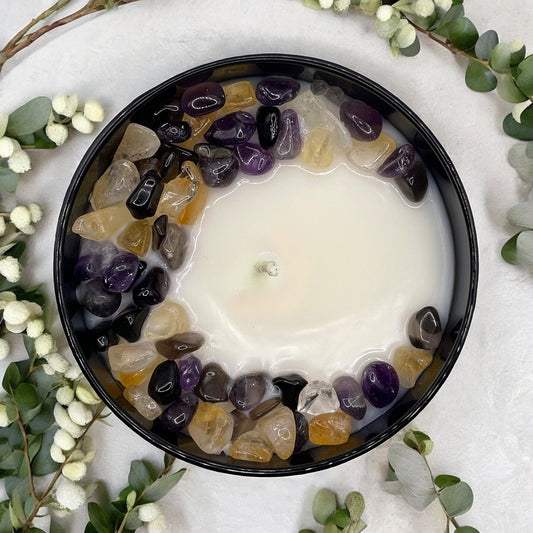Scorpio Zodiac Crystal Candle with Black Obsidian, Citrine, and Amethyst | Coconut-Soy Wax Candle, 9oz