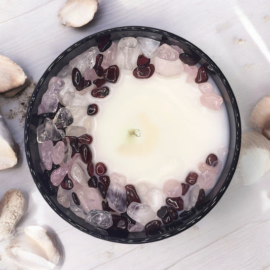 Taurus Zodiac Crystal Candle with Garnet, Crystal Quartz, and Rose Quartz | Coconut-Soy Wax Candle, 9oz