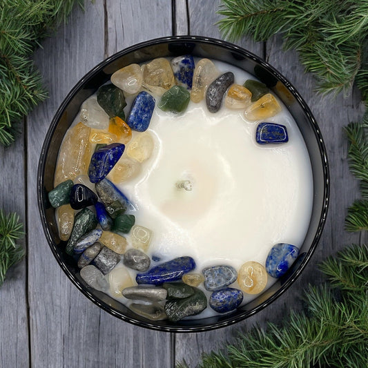 Virgo Zodiac Crystal Candle with Citrine, Lapis Lazuli, and Green Aventurine | Coconut-Soy Wax Candle, 9oz