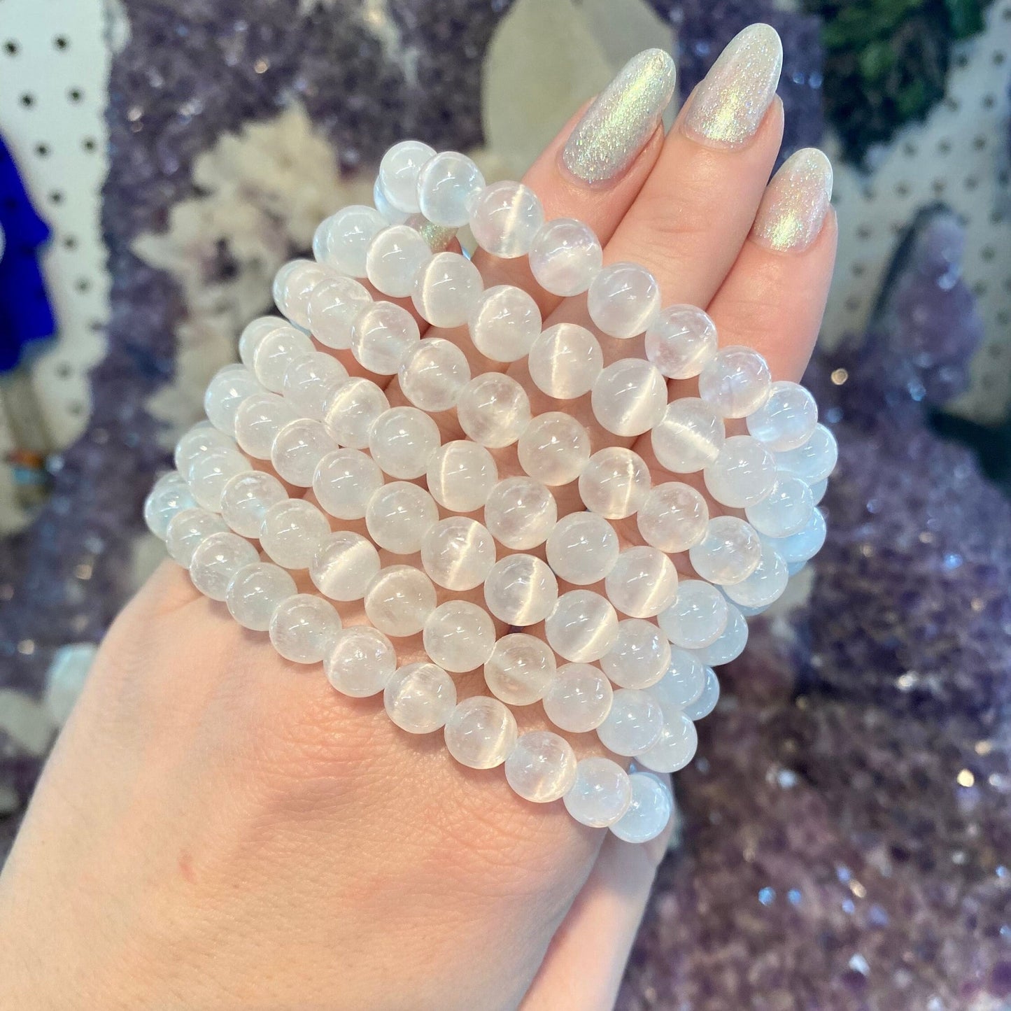 Selenite 8mm Round Bead Crystal Bracelet