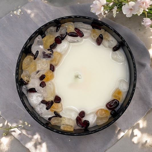 Leo Zodiac Crystal Candle with Garnet, Quartz Crystal, and Citrine | Coconut-Soy Wax Candle, 9oz