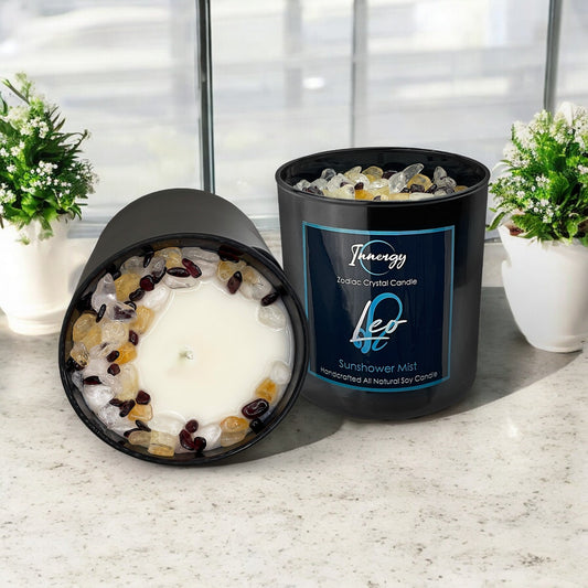Leo Zodiac Crystal Candle with Garnet, Quartz Crystal, and Citrine | Coconut-Soy Wax Candle, 9oz