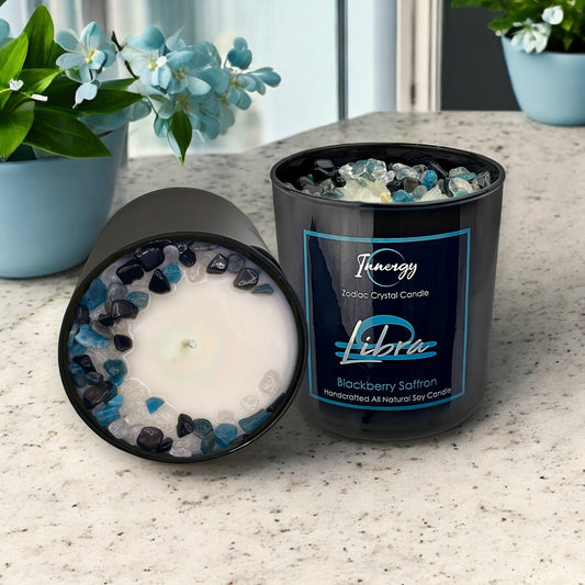 Libra Zodiac Crystal Candle with Obsidian, Blue Apatite, and Crystal Quartz | Coconut-Soy Wax Candle, 9oz