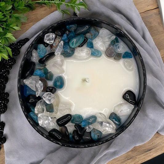 Libra Zodiac Crystal Candle with Obsidian, Blue Apatite, and Crystal Quartz | Coconut-Soy Wax Candle, 9oz