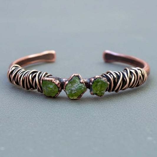 Raw Peridot Copper Cuff - Handcrafted Talisman Jewelry for Heart Healing
