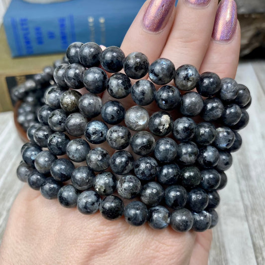 Larvikite 8mm Round Bead Crystal Bracelet