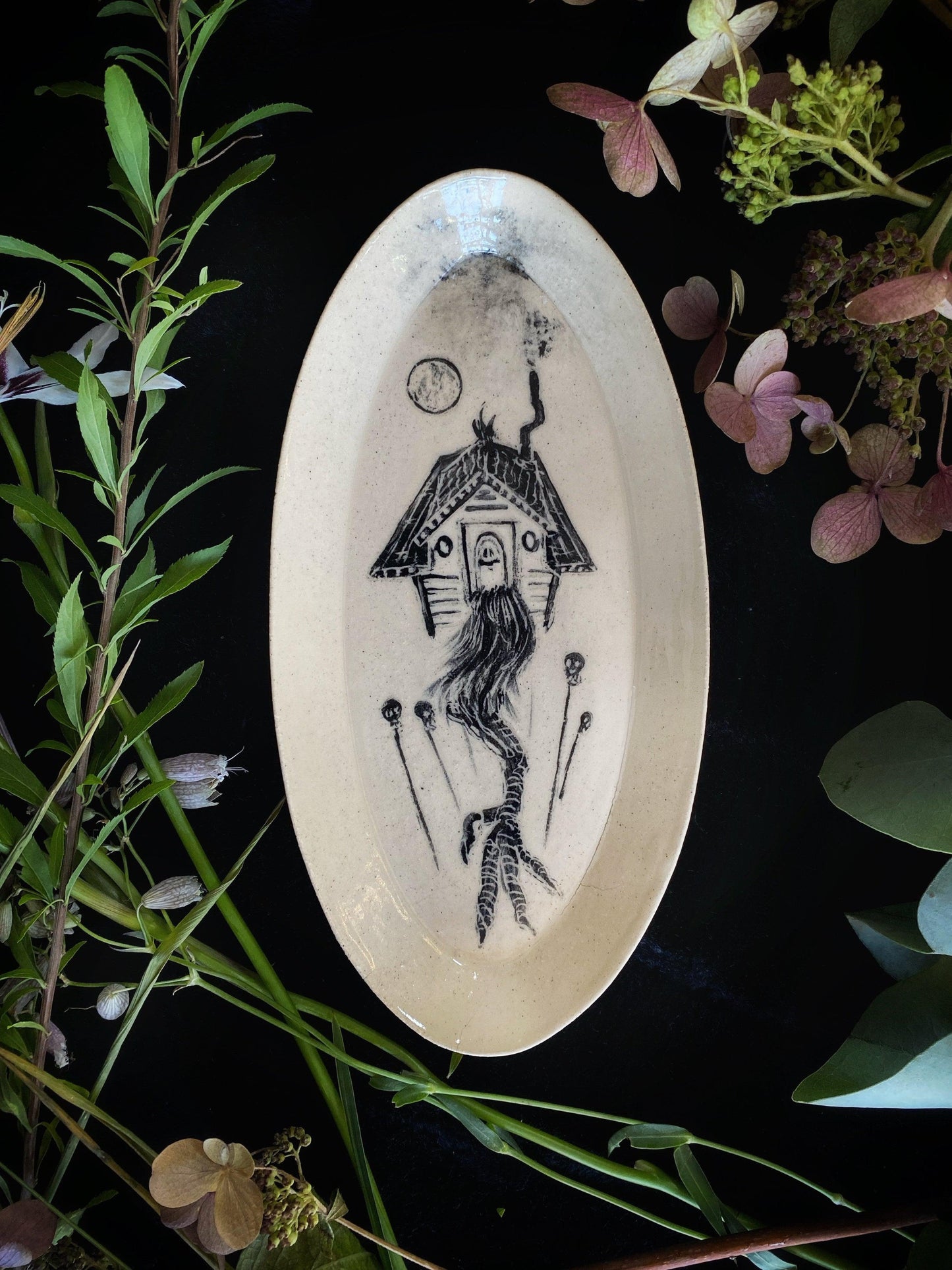 Black Sgraffito Baba Yaga Ceramic Offering Plates